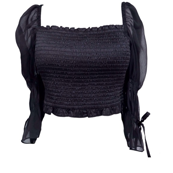 Urban Outfitters Black Smocked Crop Top Sheer Bubble Sleeve Blouse Medium - Picture 11 of 11